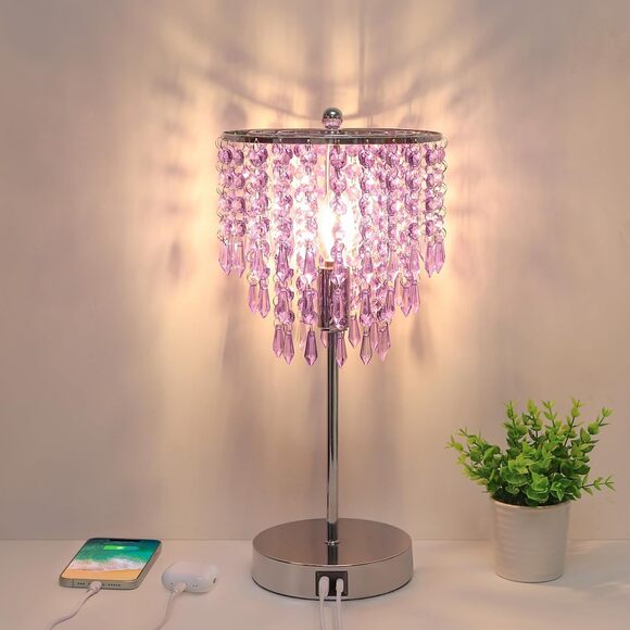 Crystal Table Lamp 3 Way Dimmable Touch Nightstand Light with USB Ports Lavender - Picture 1 of 8